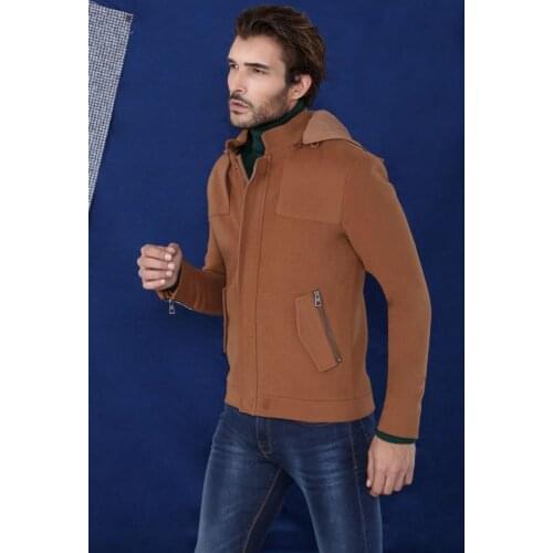 Zippered Sleeve Hooded Tan Coat