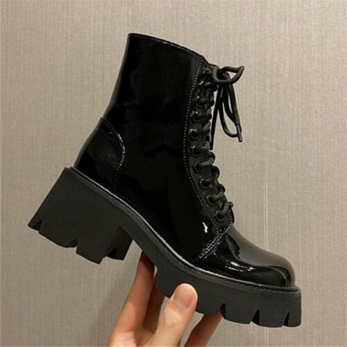 Patent Leather Women Ankle Boots Thick Sole Autumn Boots Female Short Booties Chunky Heel Platform Shoes Woman Lace-up Botas