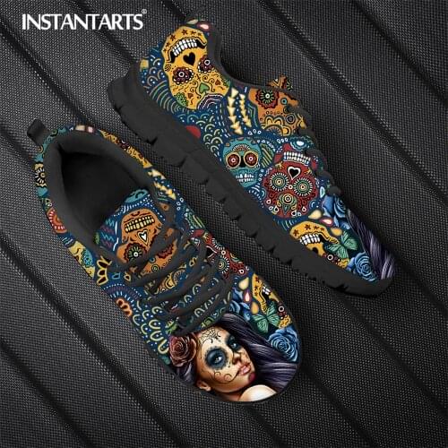 INSTANTARTS 2021 New Fashion Skeleton Skull Face Girl With Sugar Skull Print Women Flat Shoes Warm Comfort Lace up Sneaker Hot