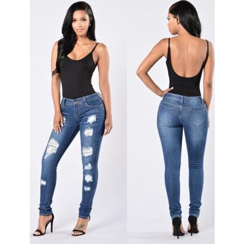 S-2XL Womens Ripped Jeans Casual Skinny Denim Jeans High Waist Pencil Pants Fashion Female Clothing Wholesale Price 2021 New
