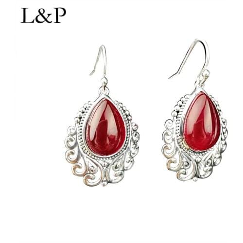 L&P Vintage Garnet Earrings Jewelry For Women Lady 2019 Authenic 925 Sterling Silver Earrings Original Design Wedding Gift