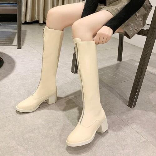 Thick high heels front zipper thigh high boots women bkalc/white leather long botsa mujer motrocycle over the knee boots 321