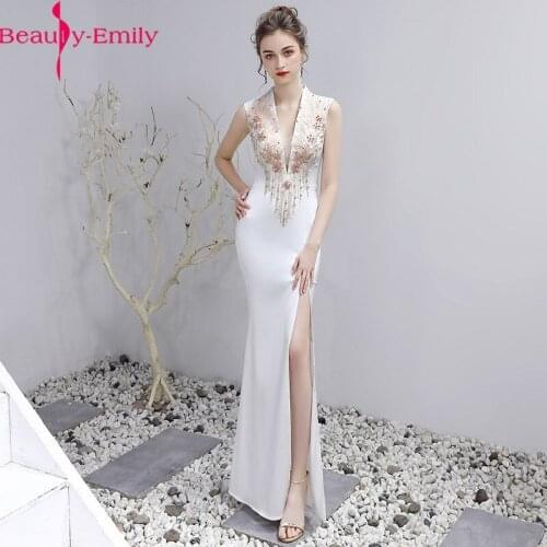Elegant Heavy Beaded Appliques Mermaid Evening Dress 2020 Sexy V Neck Sleeveless Zipper Back Party Dress with High Side Split