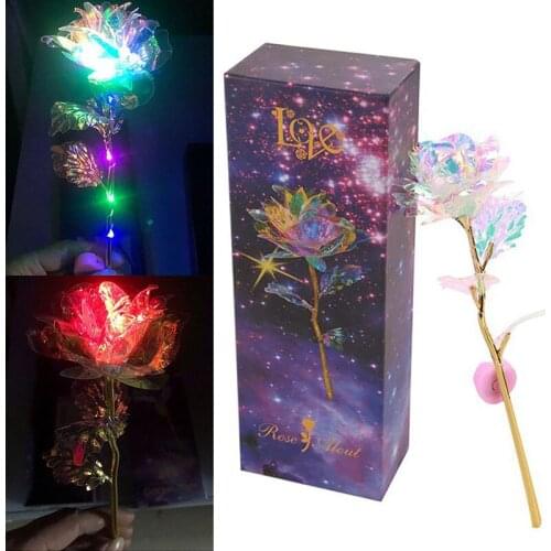 1PC New Simulation 24K Gold Foil Rose Flower Rainbow ValentineS Day Romantic Flower Wedding Gifts Colorful LED Luminous Decor