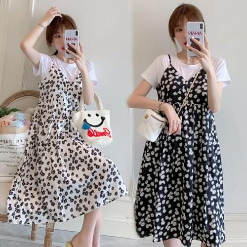 1103# Cotton T shirt + Dress Maternity Clothes Loose Stylish Short Sleeves Floral Dress for Pregnant Women Pregnancy Clothes