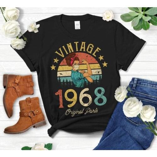 Vintage 1968 Original Parts Retro with Mask Quarantine Edition TShirt Funny 53nd Birthday Gift Idea Women Mom Wife Friend cotton