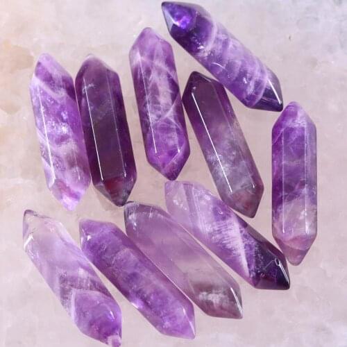 8x32MM Natural Stones Purple Crystal Hexagonal Healing Pointed Reiki Chakra No Drilling Hole Beads Fit Pendant 5Pcs K378