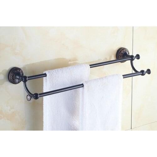 Bathroom Accessory Black Oil Rubbed Brass Flower Pattern Wall Mounted Bathroom Double Towel Bar Towel Rack Towel Rails aba462