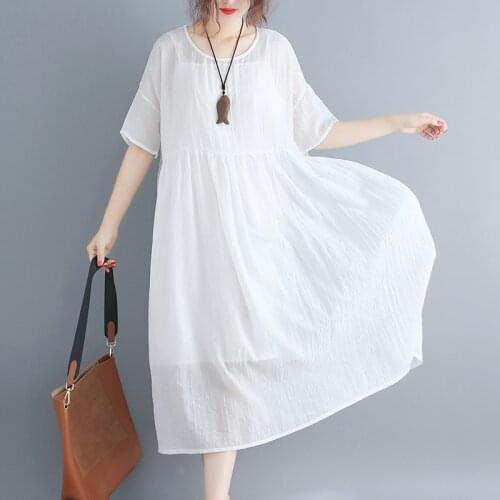 Elegent Soft Cotton Linen White Summer Lady Dress Larger Size Sundress Loose Casual Holiday Beach Famale Dresses
