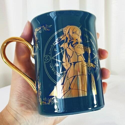 Anime Fate/stay night Tohsaka Rin Saber Gold Stamping Ceramic Coffee Mug Cup Men Women Fashion Spoon+Cup lid Cup Xmas Gifts