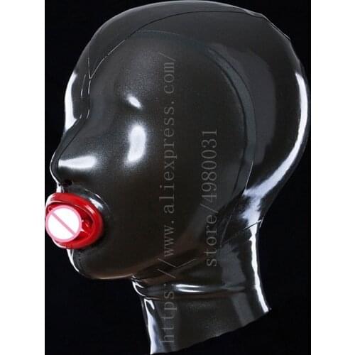 Made of 0.4mm thickness natural bdsm latex hood bondage with condom design in solid black color
