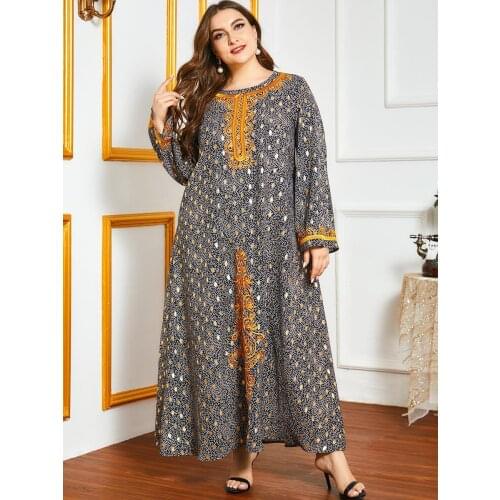 Fashion Middle Eastern Embroidered Gold Print Clothing Long Sleeved Casual Large Swing Pocket Muslim Skirt Women Abaya Islamic L