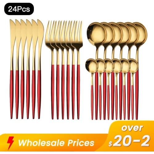 24PCS Red Gold Stainless Steel Dinnerware Set Knives Forks Coffee Dessert Spoons Cutlery Kitchen Flatware Set Tableware Tools