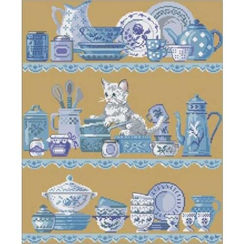 Blue Porcelain and Cat patterns counted 11CT 14CT DIY Cross Stitch Sets wholesale Cross-stitch Kits Embroidery Needlework