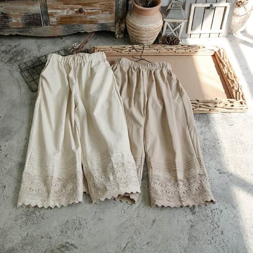 2020 new fashion casual womens clothing Retro loose cotton and linen trousers, lace-edge stitching wide-leg pants cropped tro