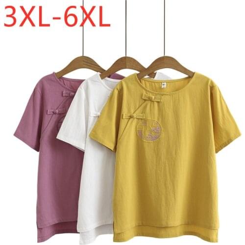 New 2021 Ladies Summer Plus Size Tops For Women Large Short Sleeve Cotton Yellow White Embroidery O-neck T-Shirt 3XL 4XL 5XL 6XL