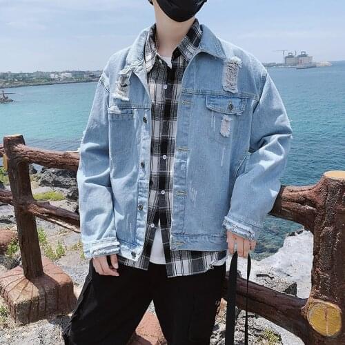 Autumn 2020 Fashion teenagers loose mens student denim jacket couple jacket Korean style ripped jacket teen light-colored top