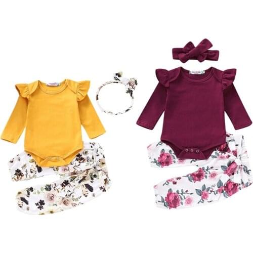 2020 Autumn Newborn Baby Girls Floral Clothes Long Sleeve Cotton Romper Floral Pants Headband Outfits Baby Clothing