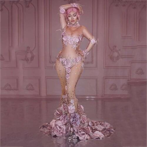 Sexy Stage Costumes Women Nightclub Singer Dj Ds Pink Flowers Pattern Rhinestones Dress Birthday Outfits Celebrity Dresses DT507