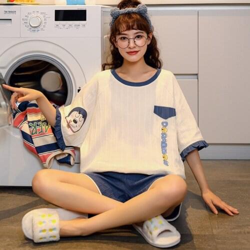 Pajamas Womens Summer Short Sleeve Shorts Pure Cotton Casual Sweet Lovely Girls' Home Cotton Loose Pajamas Girls Sleeptops