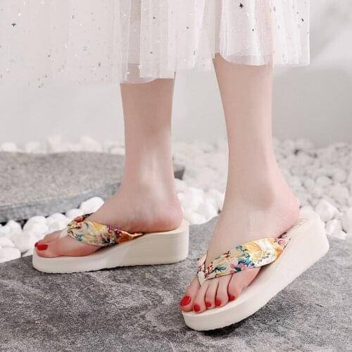 Bronzing Summer Fashion Platform High Heels Bohemian Satin Woven Belt Flip Flops Beach Seaside Casual Slippers