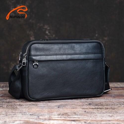 NUPUGOO Casual Mens Shoulder Bag Genuine Leather Classic Messenger Bag Simple Crossbody High Quality Leather For 9.7 Inch iPad
