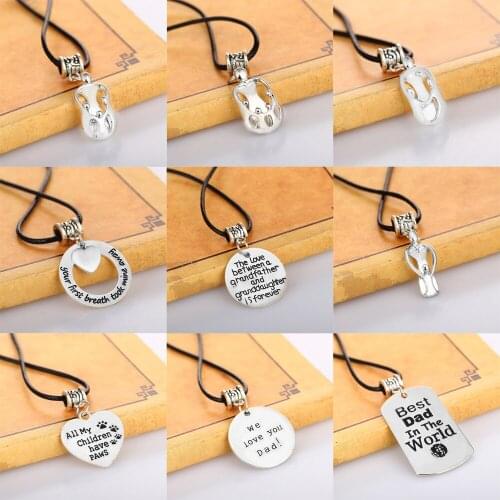 Family Dad Mom Grandma Necklace Leather Chain Pendant Necklace Silver Plated Mothers Fathers Jewelry Charm Womens Mens Gifts