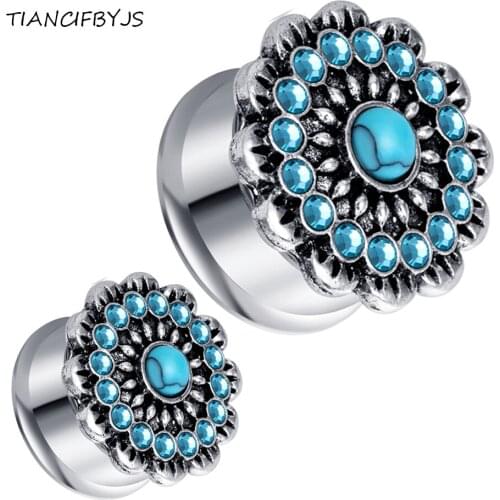 TIANCIFBYJS Single Flared Flower Crystal Flesh Tunnels Women Men Piercing Ear Plug Expander Stainless Steel Earring Gauges 70pcs