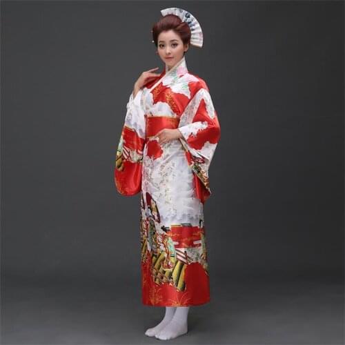 Traditional Japanese Kimono Red Yukata Clothes With Obi Halloween Cosplay Women Dress