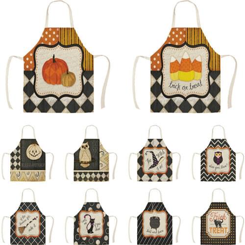 Pumpkin Witch Horror Happy Halloween Kitchen Aprons for Woman Man Home Cooking Baking Shop Cleaning Cotton Linen Apron WQ1485