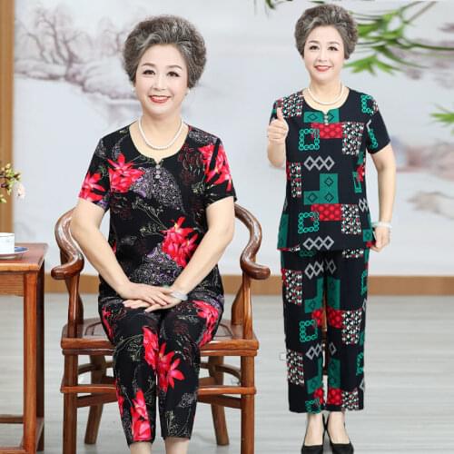 Women 2 Piece Set Loose Cotton Linen Print Short-sleeved T-shirt Tops + Pants Middle-aged Mother Summer New Suit Plus Size L385
