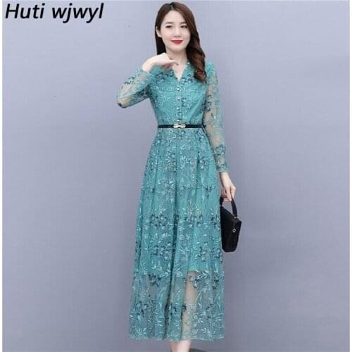 Autumn Winter New Mesh Sexy Maxi Dress Women Vintage Embroidery Long Sleeve Dress 2021 Elegant Bodycon Casual Party Midi Vestido