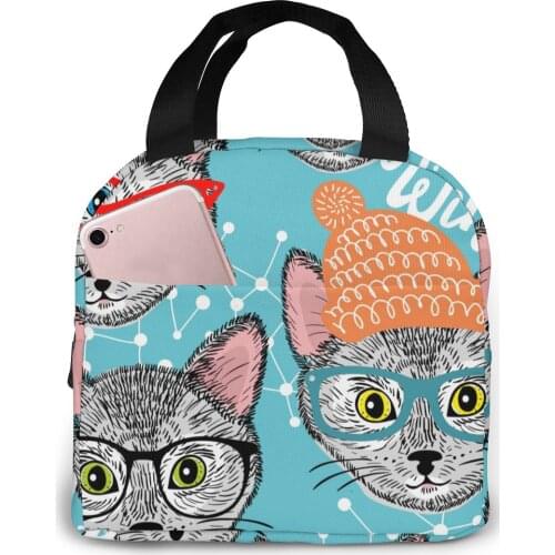 Winter Pattern With Cat In Hat Lunch Bag Portable Insulated Thermal Cooler Bento Lunch Box Tote Picnic Storage Bag Pouch