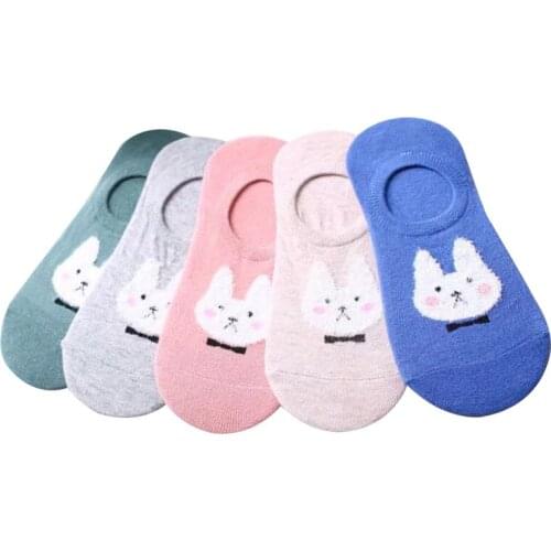 5 Pairs Ear Rabbit Invisible Short Womens Socks Sweat Comfort Cotton Girl Boat Socks Ankle Silicon Gel Low Female Hosiery Meias