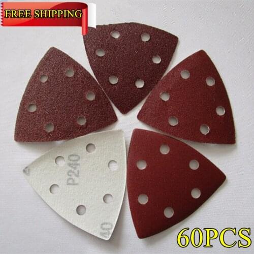 Free shipping 60 Pcs Sanding Sheets Triangle Sandpaper with 6 Holes Hook & Loop Abrasive Sanding Disc For Wood Sandinging