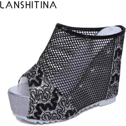 Summer Net yarn High heels 2020 New Women 12CM Wedges Sandals Platform Slippers Lace Increase Peep Toe Shoes Feminina Chaussures