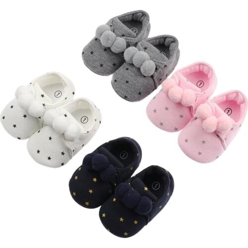 Breathable Baby Girls Boys Shoes Infant Sweet Style Star Printing Plush Ball Decoration Soft Sole Shoes Non-slip Prewalker