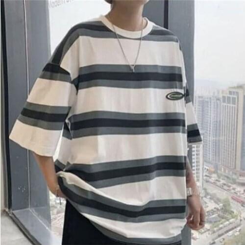Cotton T Shirt for Men Oversized Striped Harajuku Short Sleeve O Neck Japan Style Fashion Unisex Hip Pop Male Clothing Vintage