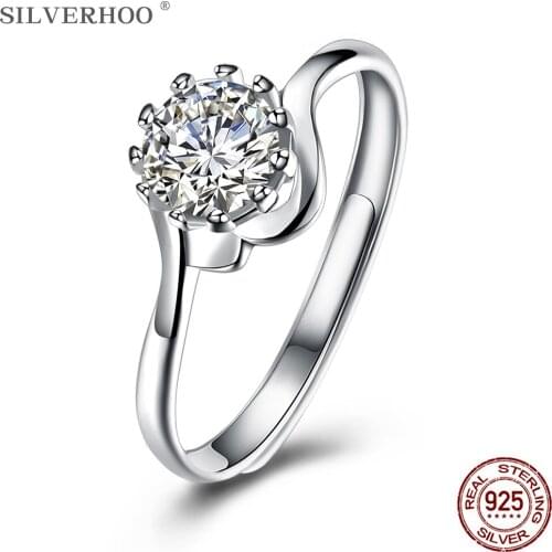 SILVERHOO Sterling Silver 925 Jewelry For Girl Rings Adjustable Streamline Design Round Zircon Women Ring Wedding Gift Hot Sale