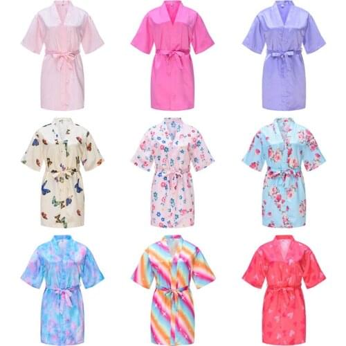 New Solid Girls Stain Silk Robes Flower Girl Kimono Robes Wedding Brief Bathrobes Pajamas Kids Robe+Belt Nightdress Hot Sale