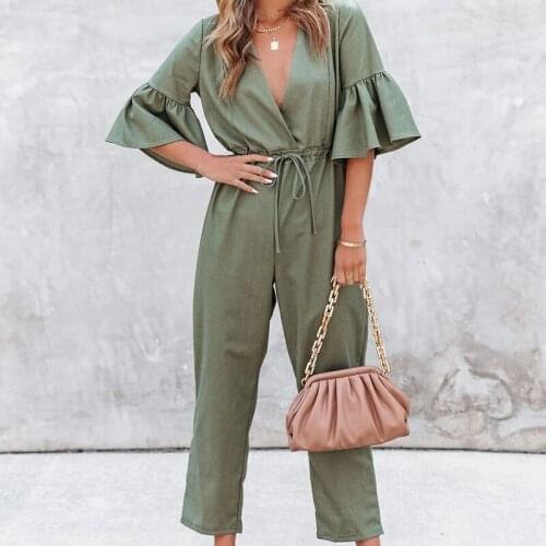 Foridol Flare Sleeve V Neck Jumpsuit Overall Women Army Green Soolid Office Ladies Elegant Jumpsuit Autumn Spring Long Pants