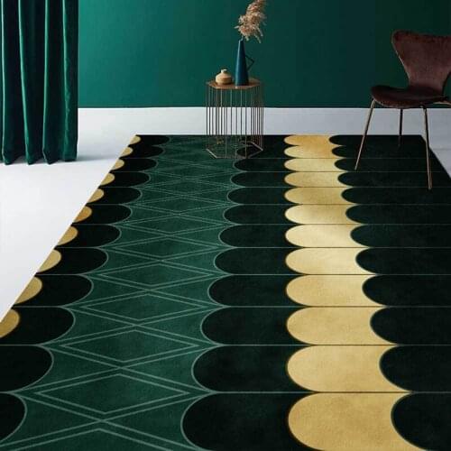 Deep Emerald Green Carpet Geometric Gold Line White Marble Mosaic Area Luxury Carpet Living Room Bedroom Sofa Non-Slip Floor Mat