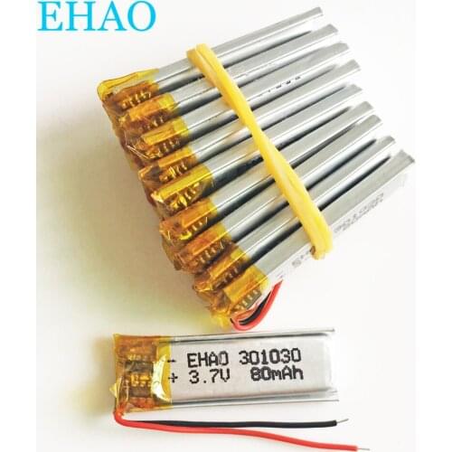 Lot 10 pcs 301030 3.7v 80mAh Lithium Polymer Li-Po Rechargeable Battery For Mp3 GPS bluetooth Headphone Headset smart watch