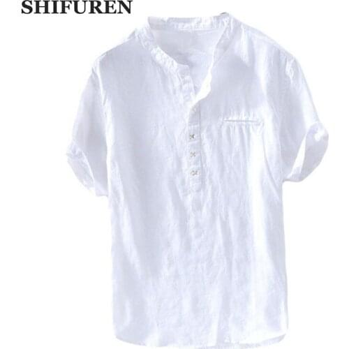 SHIFUREN 100% Pure Linen Shirts Men Shorts Sleeve Causal Tops Mandarin Collar Soft Breathable Male Social Shirts Size M-XXL