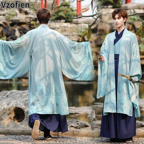 Men Chinese Traditional Embroidery Hanfu Dress Ancient Han Dynasty Folk Dance Costume Carnival Cosplay Costume Hanfu Robe