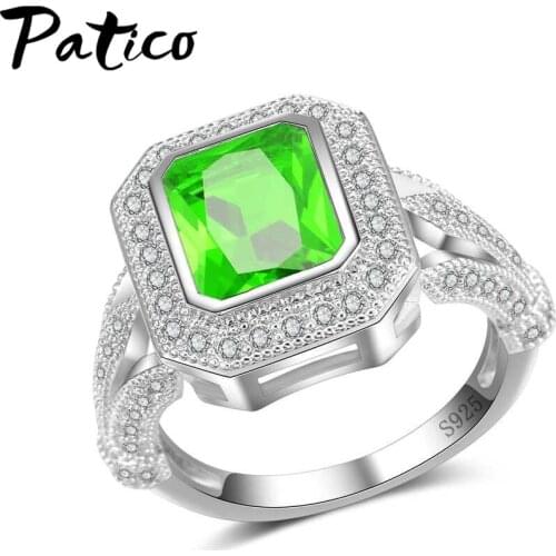 Genuine Women Fashion 925 Sterling Silver rings Square Green Color Cz Engagement Wedding Band ring for Women Gift