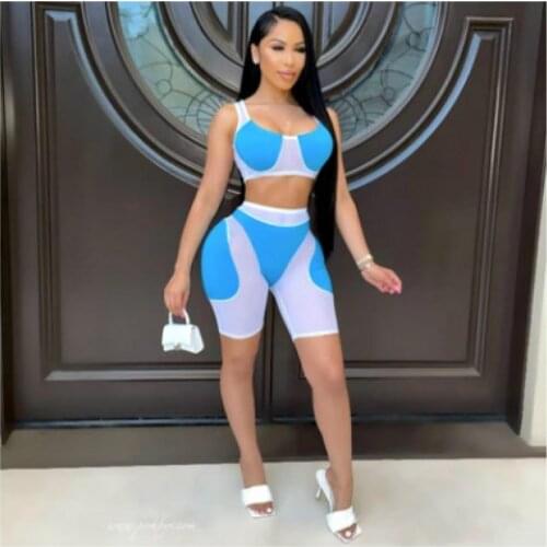 Slim Polyester Mesh Leggings Bra Crop Top Sexy Workout Clothes See Through Sports Jogging Biker Shorts 2 Two Piece Set for Woman