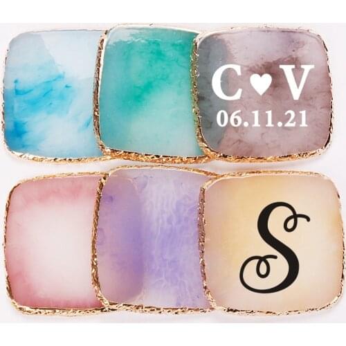 Personalized Agate Look Coaster Bride & Groom Wedding Place Card Bridal Shower Name Card Custom Gift Gold Rim Square Coasters