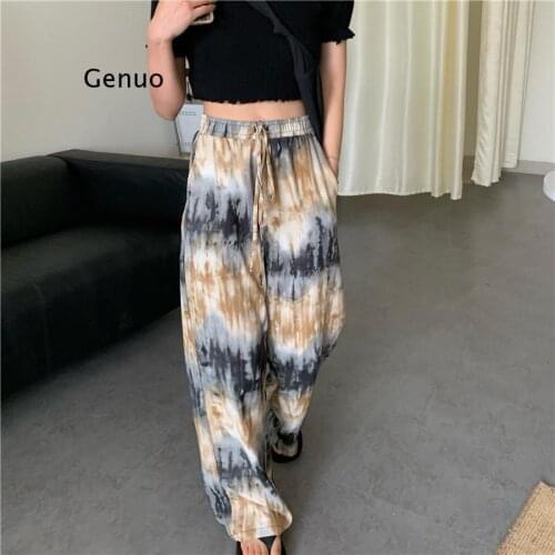 Casual Yellow Tie Dye Printed Vintage Pants Women Elegant High Waist Trousers Ladies Straight Wid LegJoggers Y2K Streetwear 2021