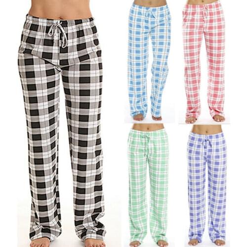 Casual Women Pants Check Tartan Cotton Blend Plaids Print Nightwear Pyjama Bottom Loose Lounge Pants